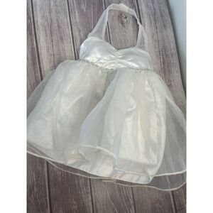 Build A Bear Girls Halter Wedding Formal Evening Dress White with Silver Trim